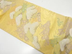 流水に笠松・梅・楓模様織り出し　袋帯